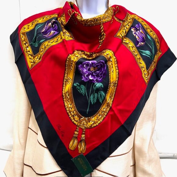 New with Tag On ROSE CITY 100% Silk Satin Lg 34" Black Red Green Gold Floral (14 - Picture 2 of 11